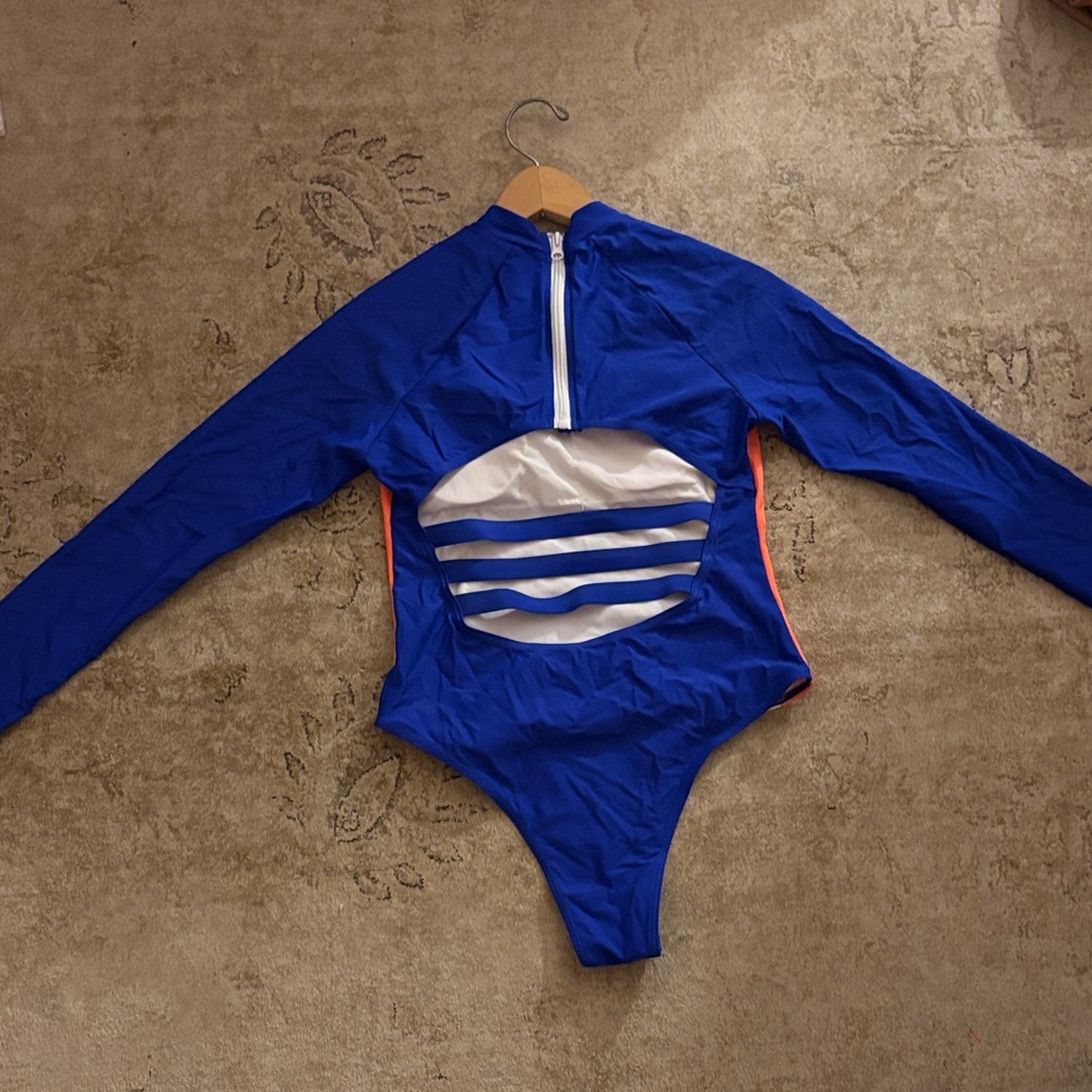 Blue and Orange Long Sleeve one piece zip up swim suit - Picture 3 of 3